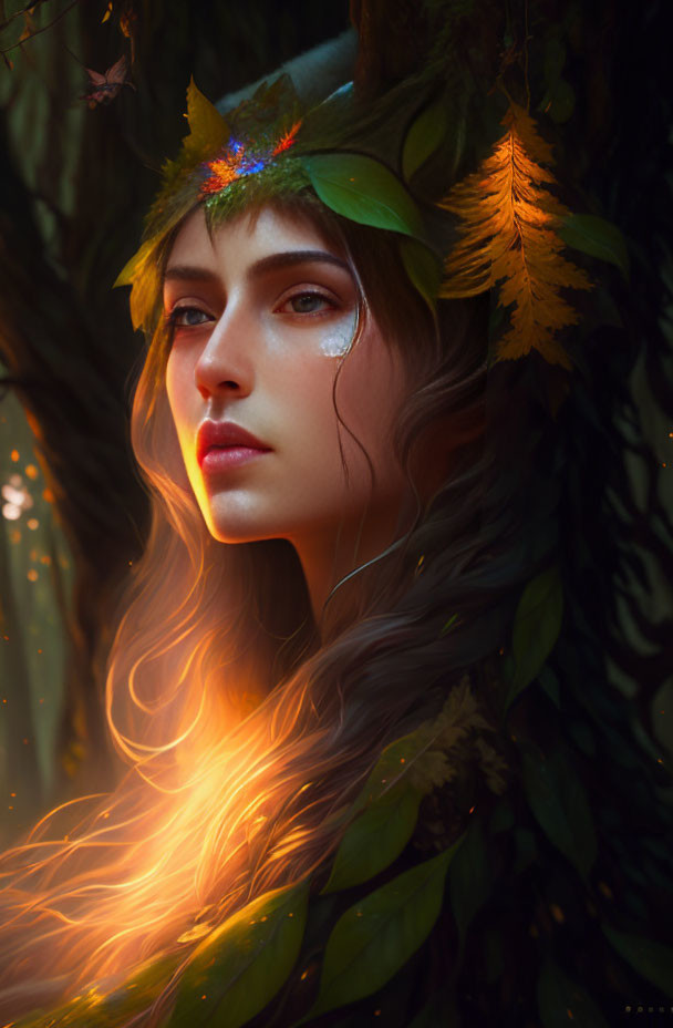 Mystical woman with leaves in hair emerges from forest in warm sunlight