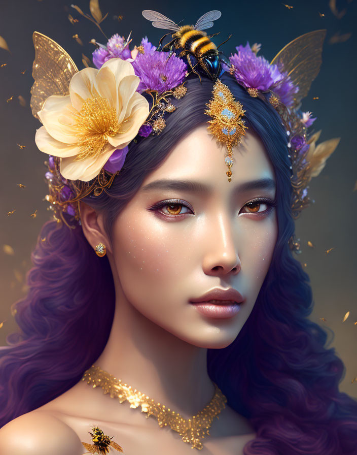 Purple-haired woman with floral crown and bee on warm background