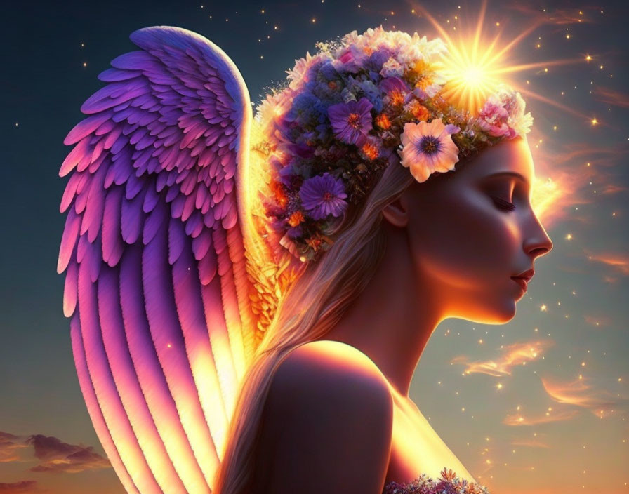 Woman with Pink Wings and Floral Crown in Twilight Sky