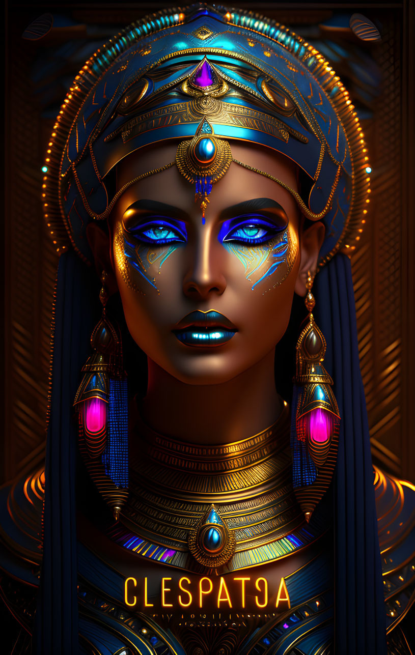 Stylized regal female figure with blue skin and Egyptian-inspired headdress