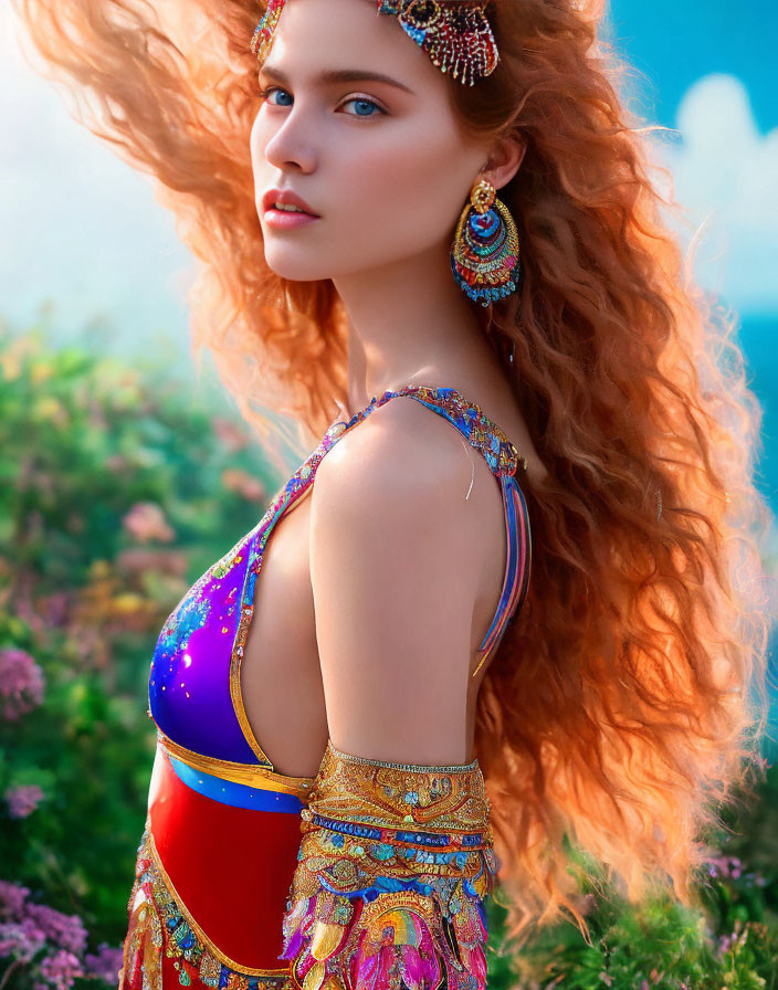 Red-haired woman in ornate jewelry and vibrant costume against blue sky