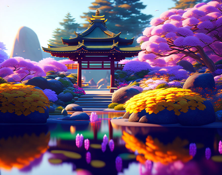 Digital artwork: Serene Japanese temple in colorful flora at sunset