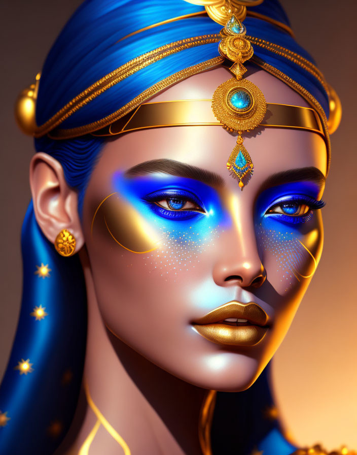 Blue-skinned woman with Egyptian-inspired jewelry and star-like freckles