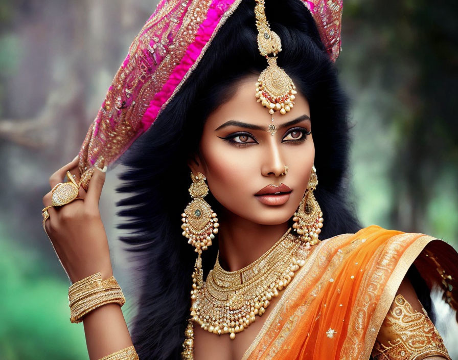 Traditional Indian Attire and Jewelry on Woman with Intense Makeup