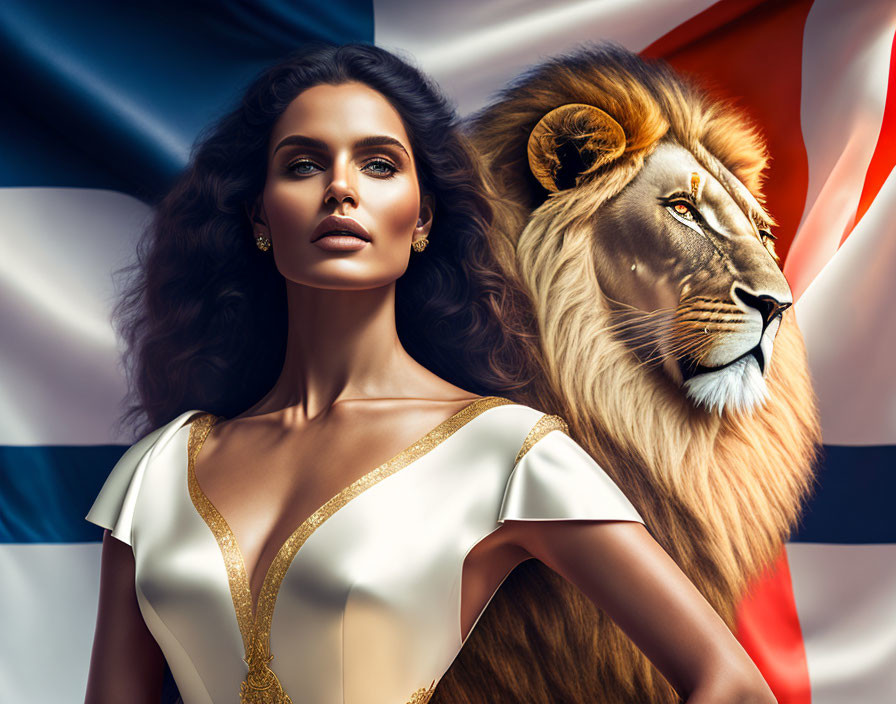 Woman with voluminous hair beside majestic lion and flowing flag with blue, white, and red stripes.