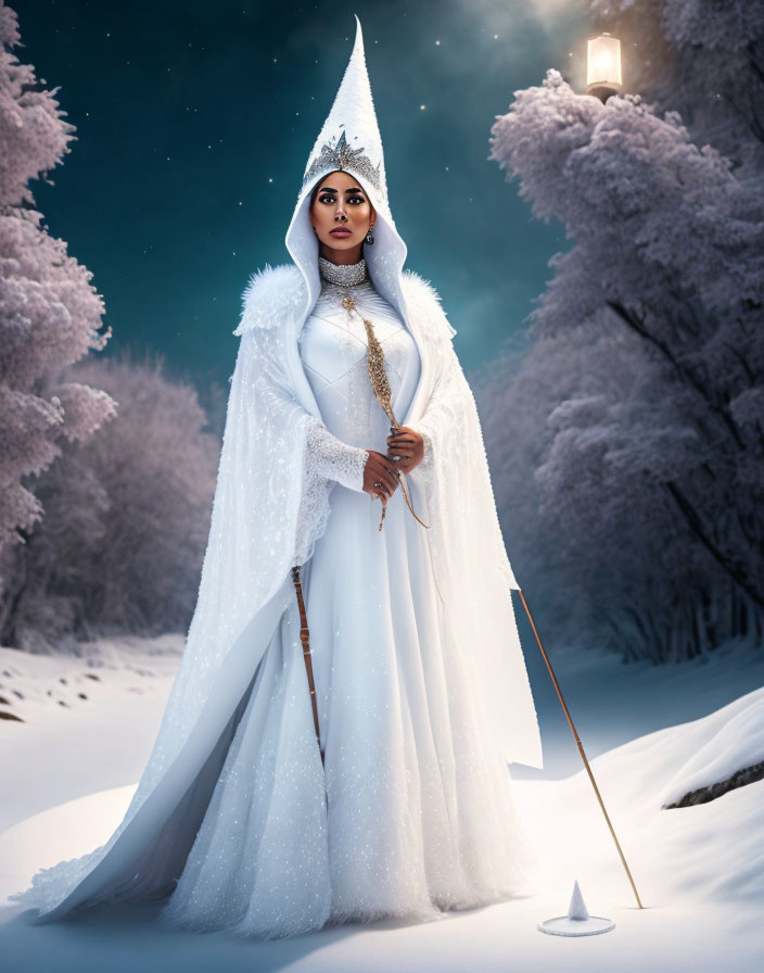 Winter-themed woman in elaborate white costume with crown and cloak in snowy forest at night