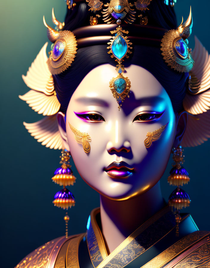 Elaborate golden headdress and jewelry on woman in digital art