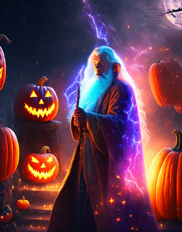 Mystical wizard with glowing staff among jack-o'-lanterns and magical energy