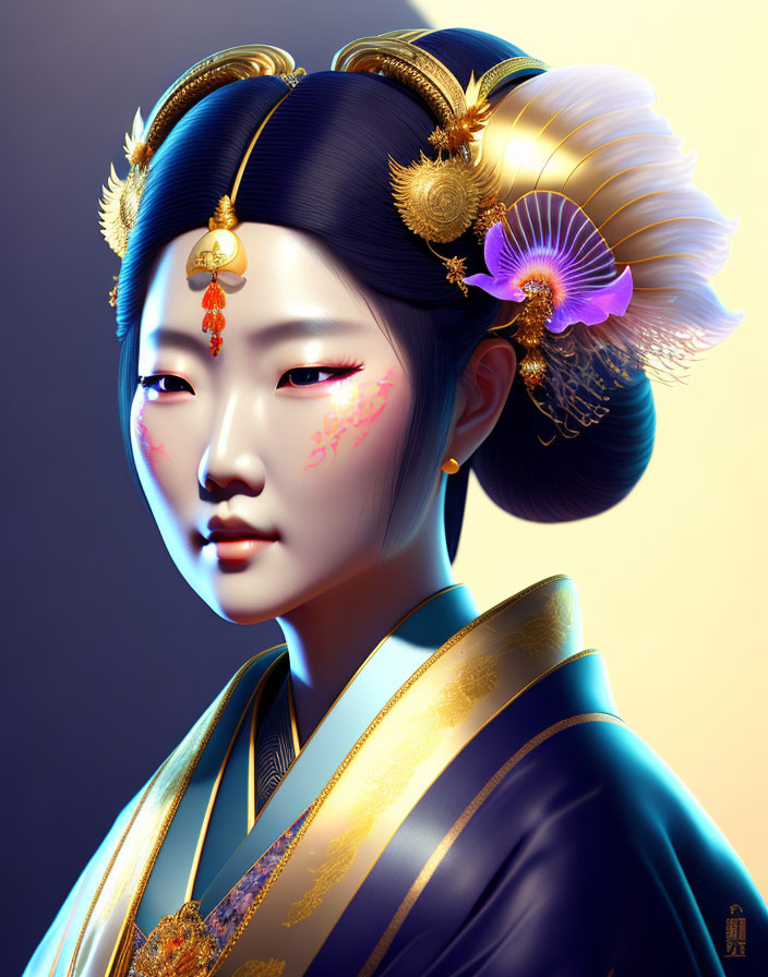 Traditional East Asian attire digital artwork of woman with elaborate hair ornaments and makeup on golden background