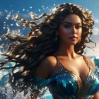 Woman with wavy hair merging with ocean waves under blue sky