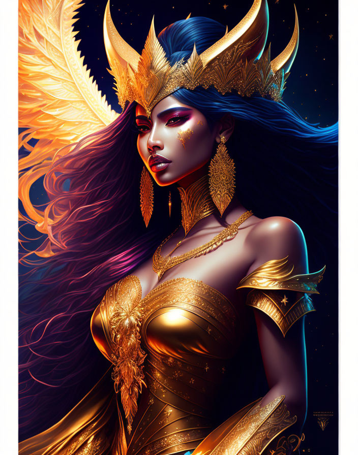 Regal woman with blue skin and golden crown in fiery aura against starry backdrop