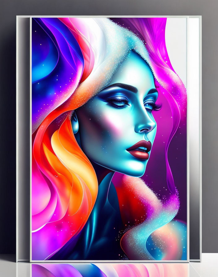 Colorful Digital Art: Woman with Multicolored Hair and Cosmic Makeup in Frame