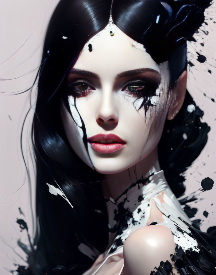 Stylized portrait of woman with dark hair and dramatic makeup