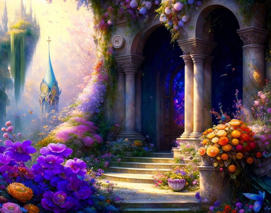 Colorful fantasy garden with flowers, ornate doorway, and glowing castle