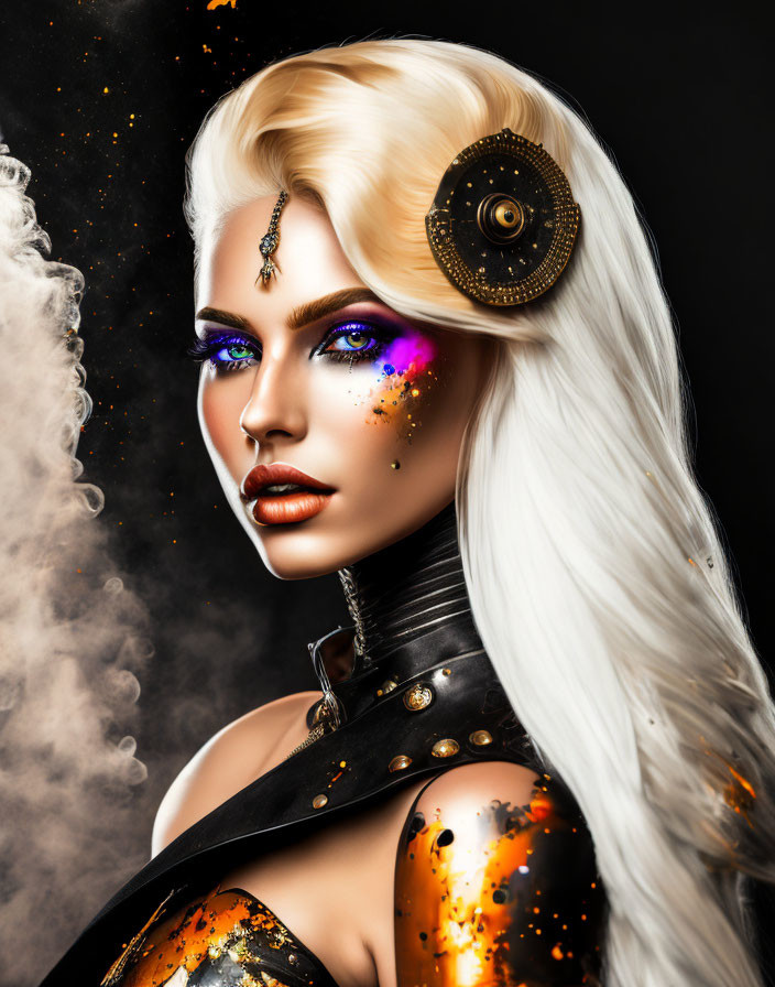 Platinum Blonde Woman with Blue and Purple Makeup on Dark Background