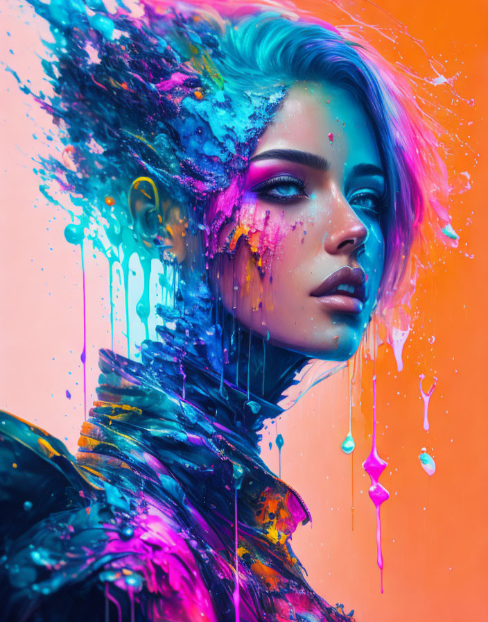 Colorful digital artwork: Woman with paint splashes on orange background