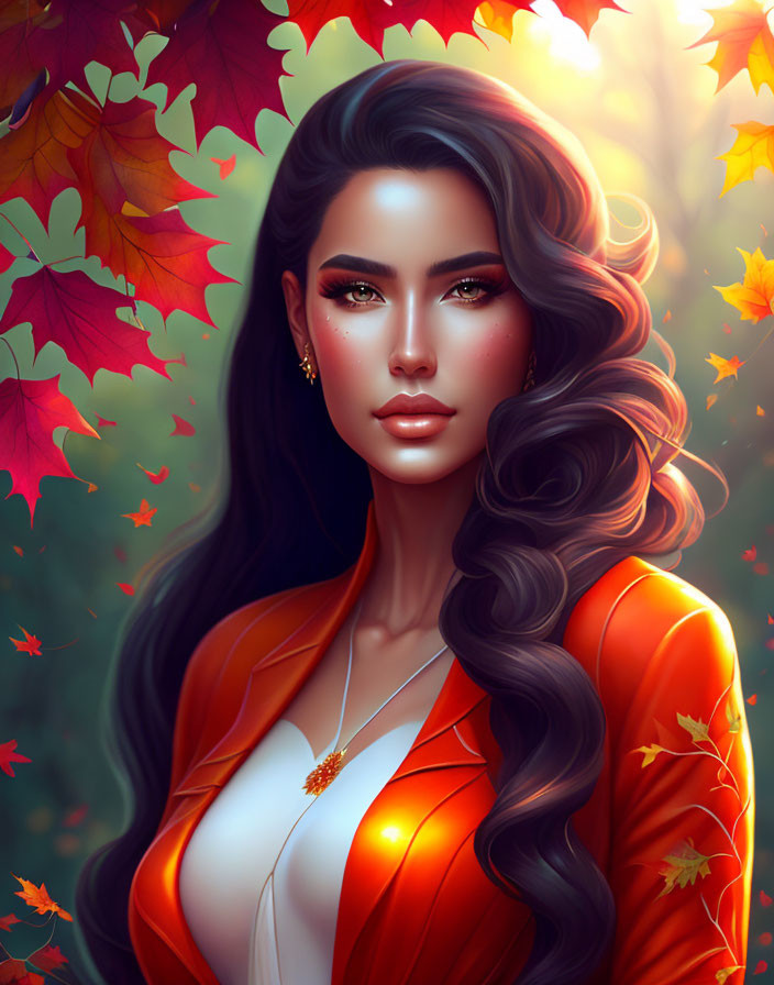 Illustrated woman with wavy hair and bold makeup in white top and orange blazer against autumn leaves