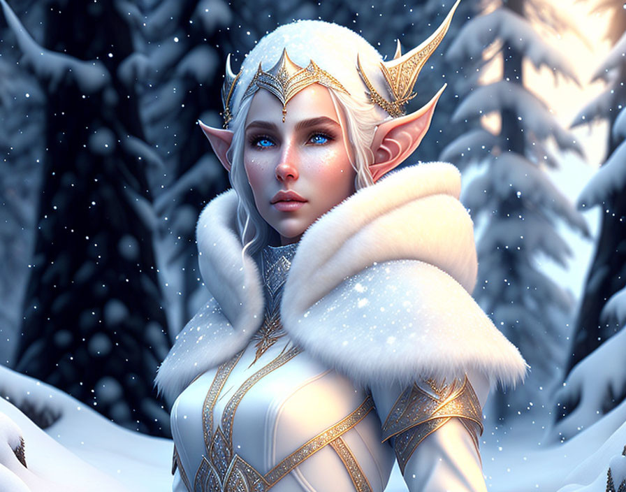 Fantasy elf woman with blue eyes and blonde hair in gold armor and snowy forest.