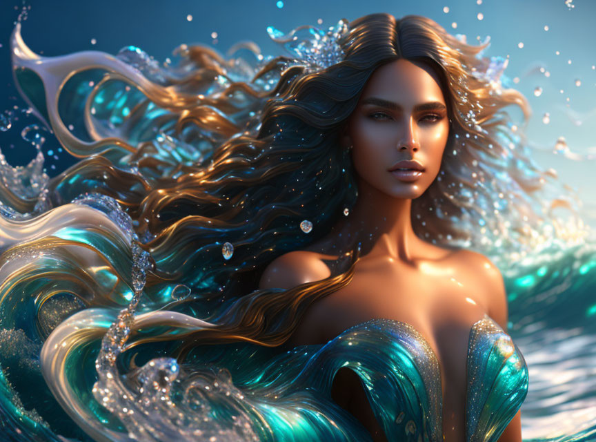 Woman with wavy hair merging with ocean waves under blue sky