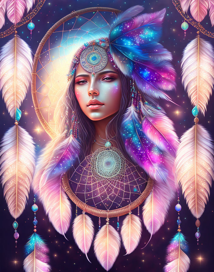 Cosmic-feathered headdress on woman in starry night scene