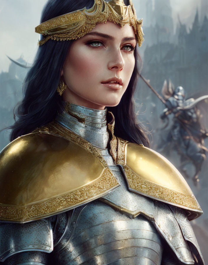 Digital painting: Female warrior in golden armor with castle and knight.