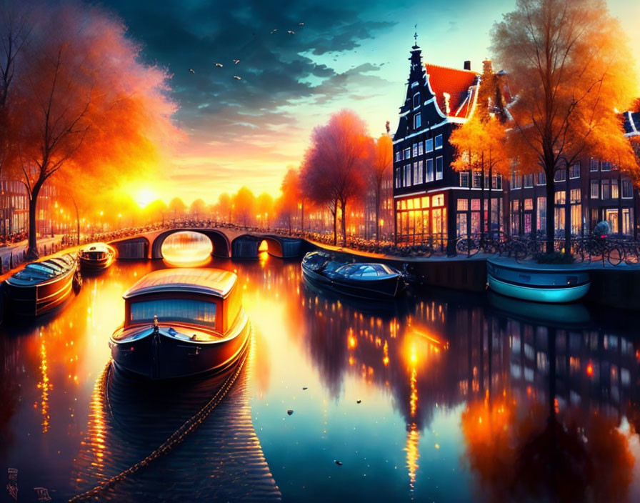 Scenic Amsterdam canal at sunset with boats, houses, and bridge under fiery sky