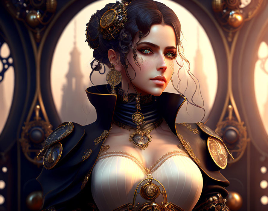 Victorian-style woman digital art with gothic and golden details