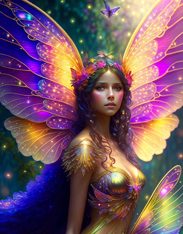 Mystical fairy with vibrant wings and flower crown in serene nature scene