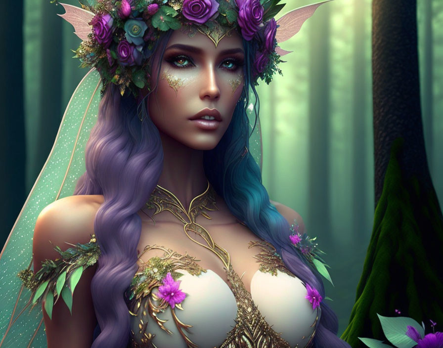 Purple-haired elf with floral crown in mystical forest