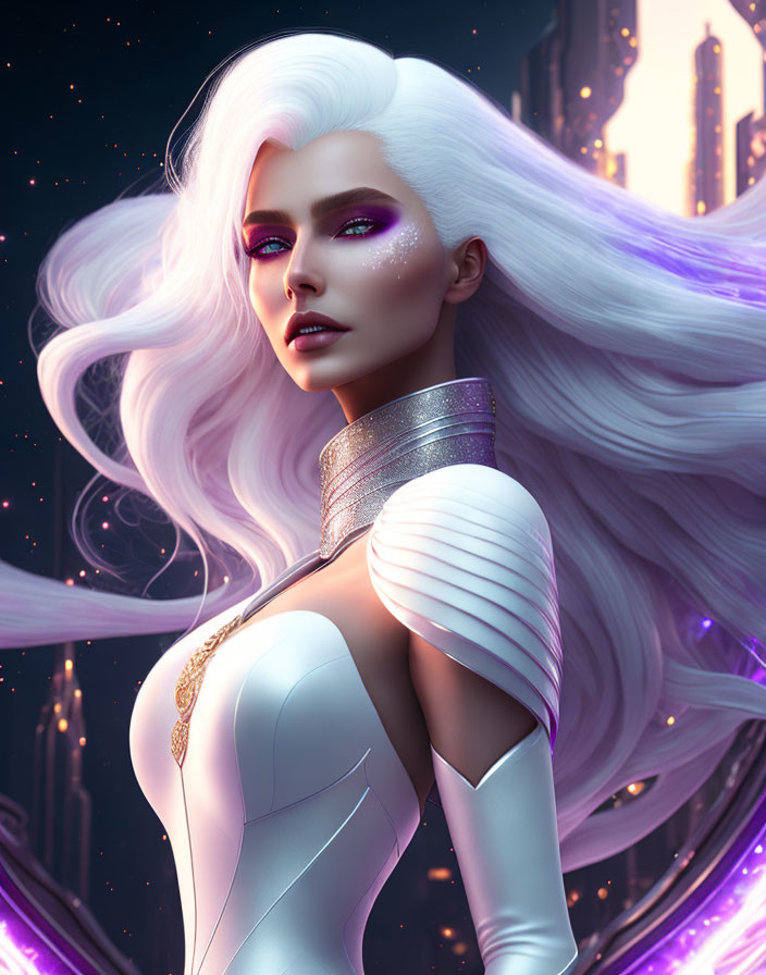 Futuristic woman with white hair and violet eyes in white bodysuit with gold accents