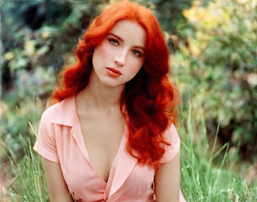 Red-haired woman in pink blouse in serene garden scene