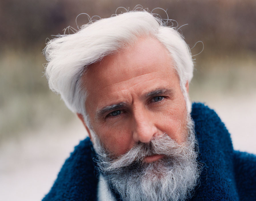 White-bearded man in blue garment staring at camera