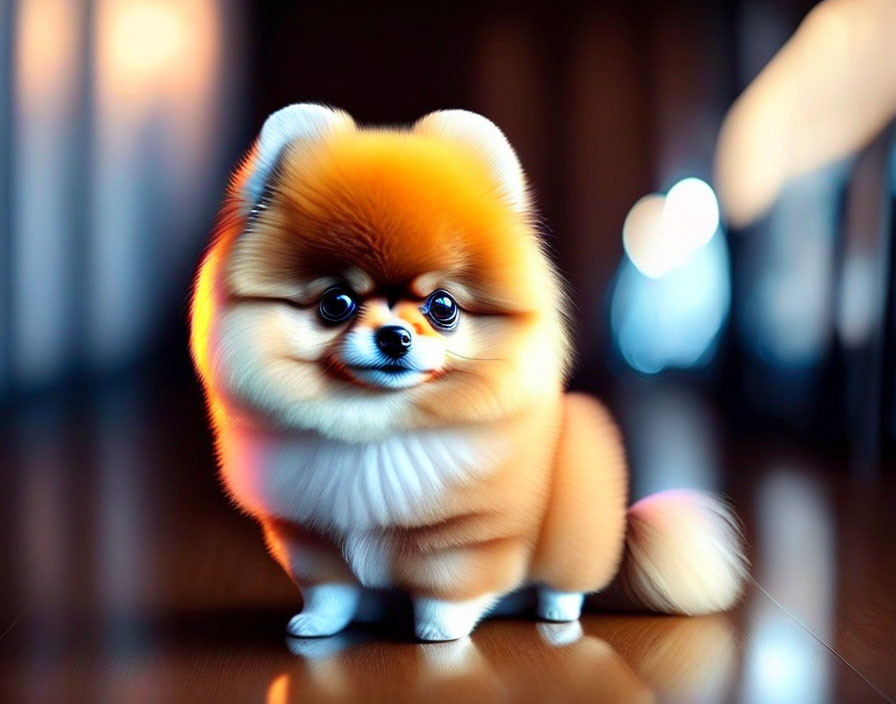 Fluffy sable Pomeranian dog with dark eyes on wooden floor