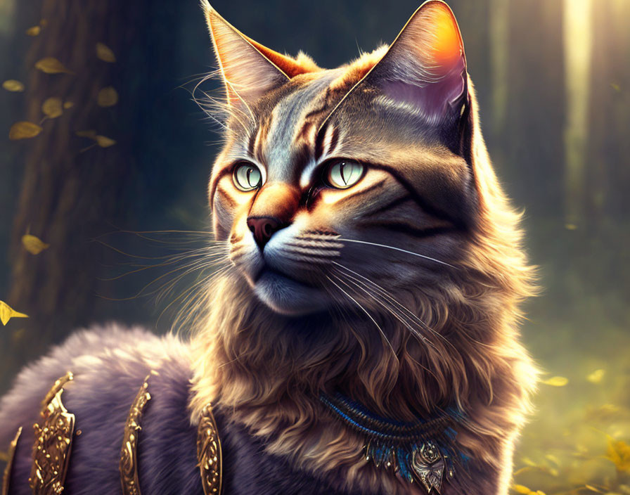 Tabby cat in ornate armor with green eyes in sunlit forest