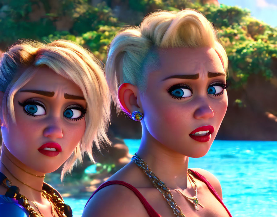 Stylized animated female characters with surprise expressions in tropical setting