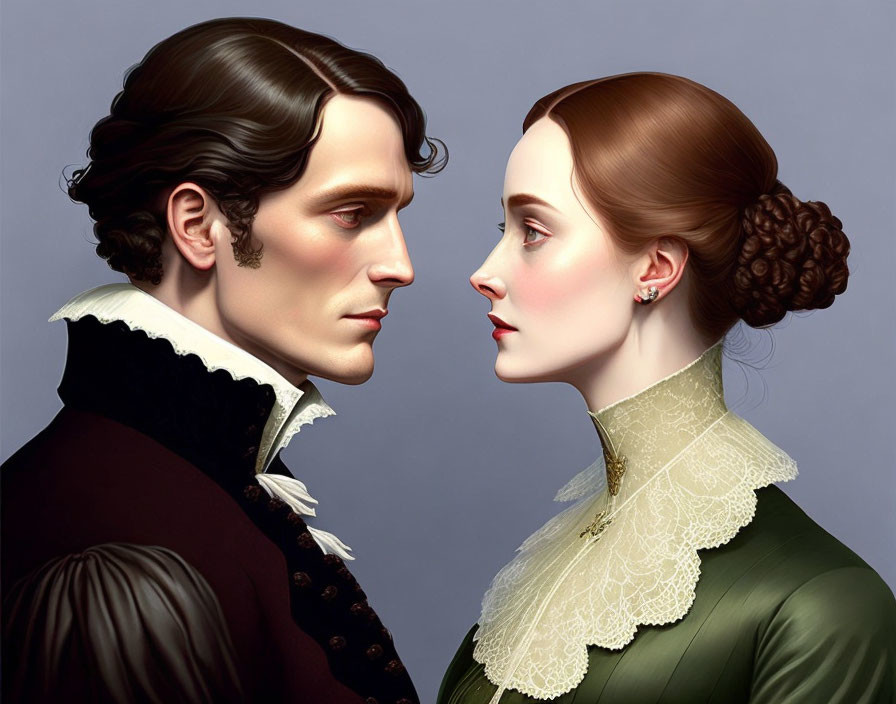 Victorian-era man and woman in profile with detailed attire and hairstyles