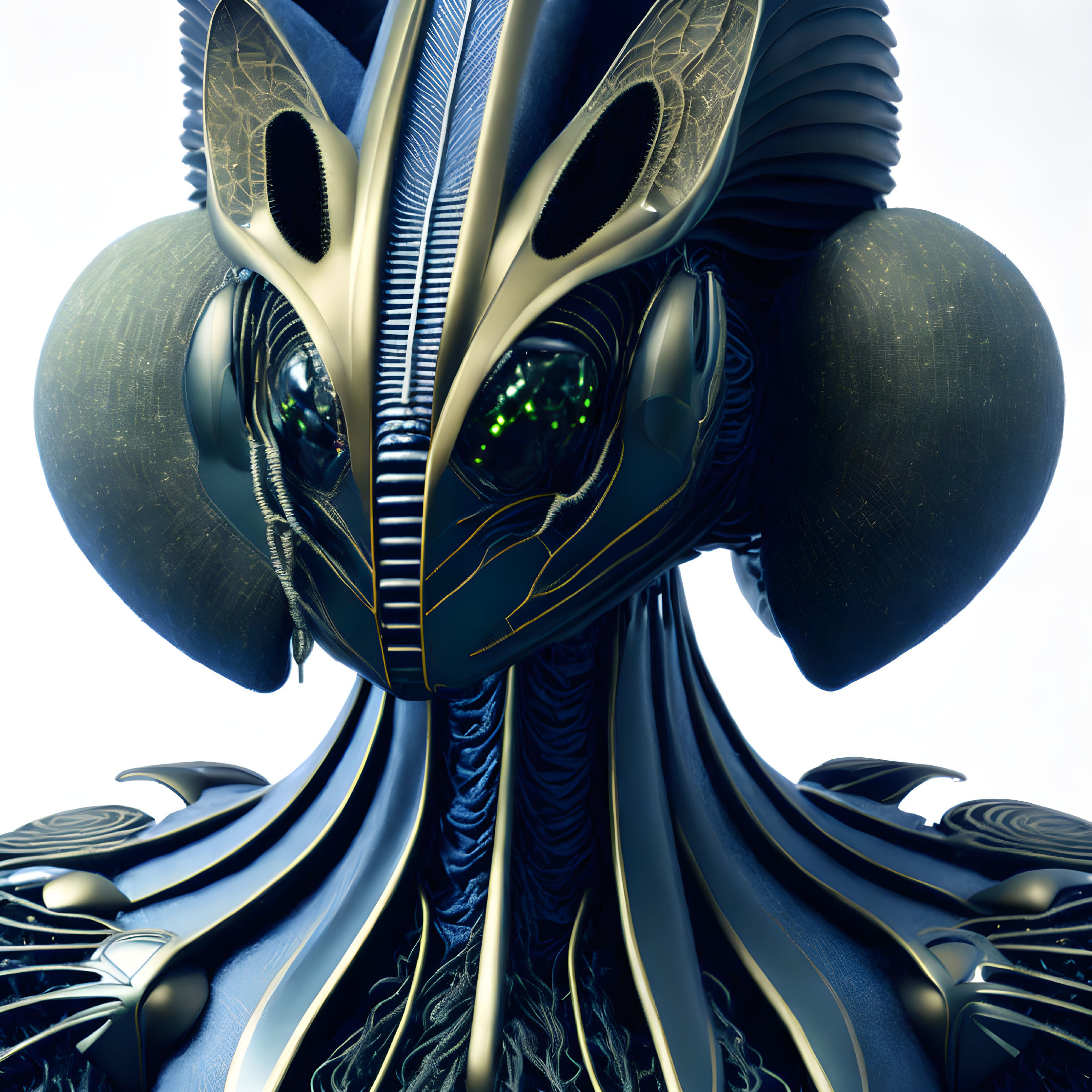 Detailed 3D-rendered alien robotic head with symmetrical design and glowing green eyes