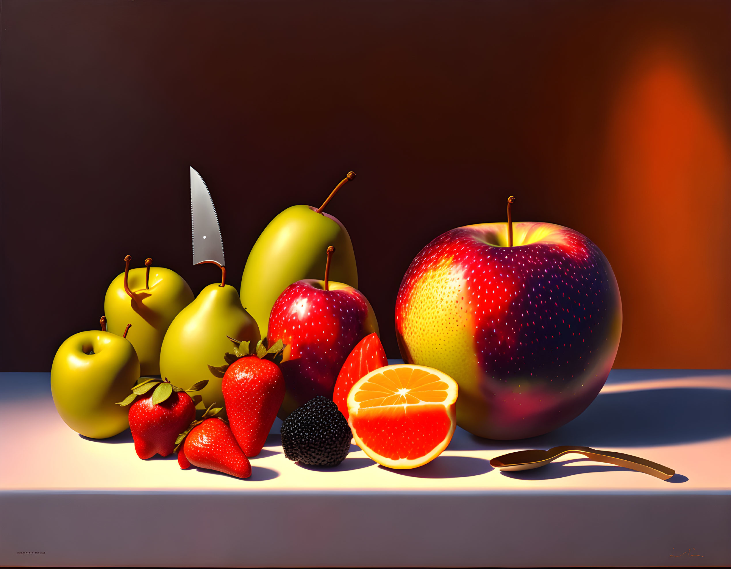 Colorful fruit still life painting with knife and spoon on table