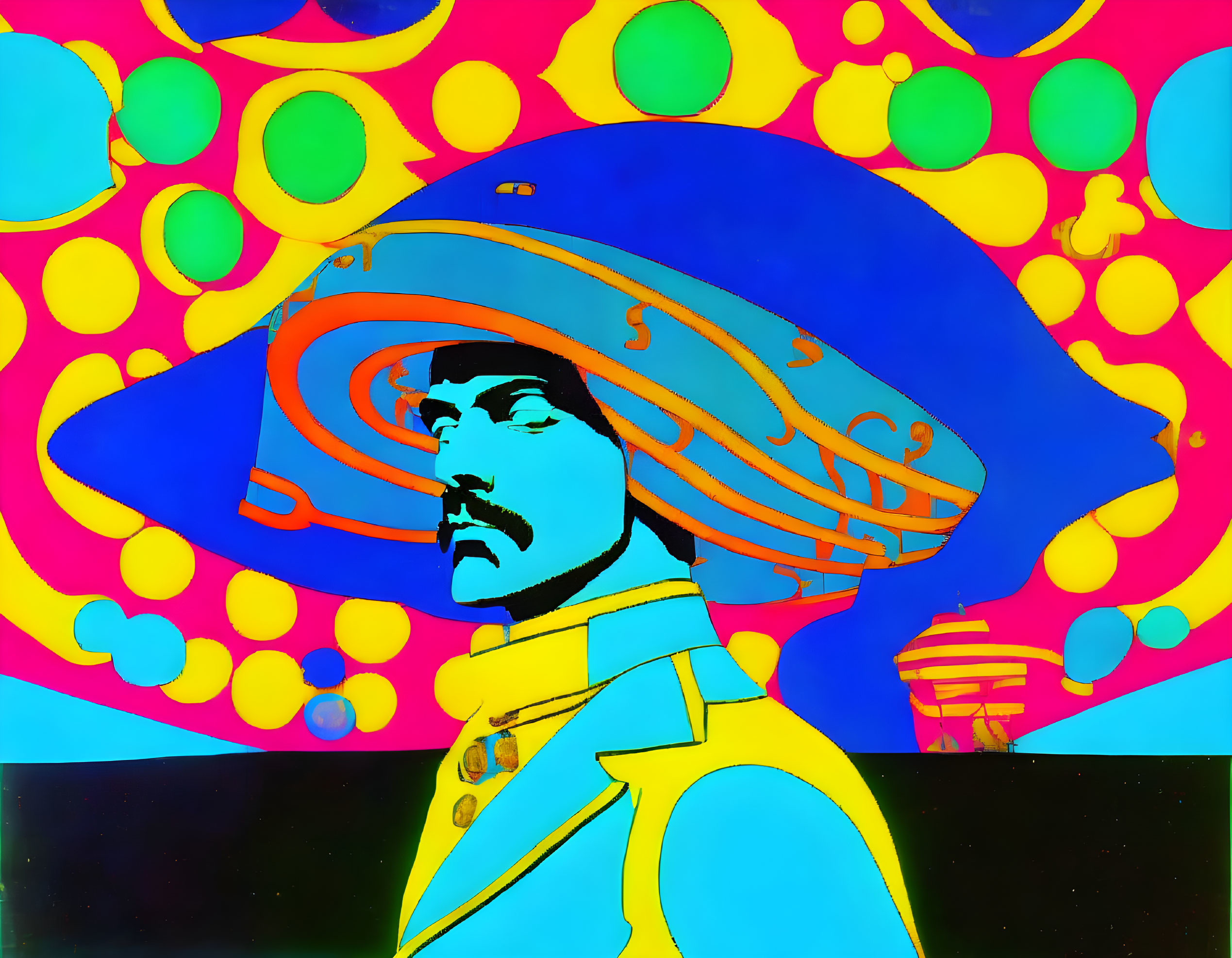 Colorful Psychedelic Portrait of a Man in Wide-Brimmed Hat