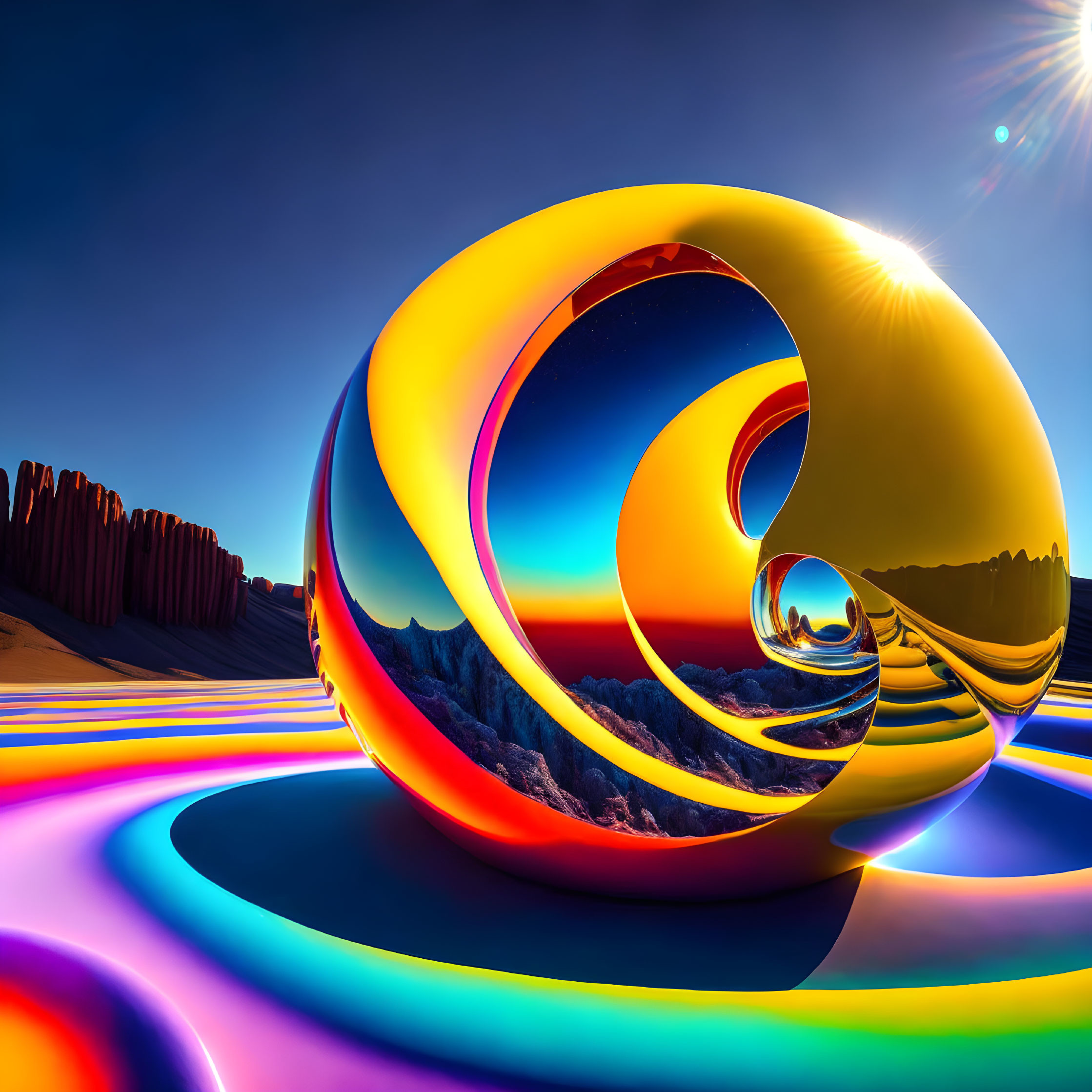 Colorful abstract spiral art against desert landscape