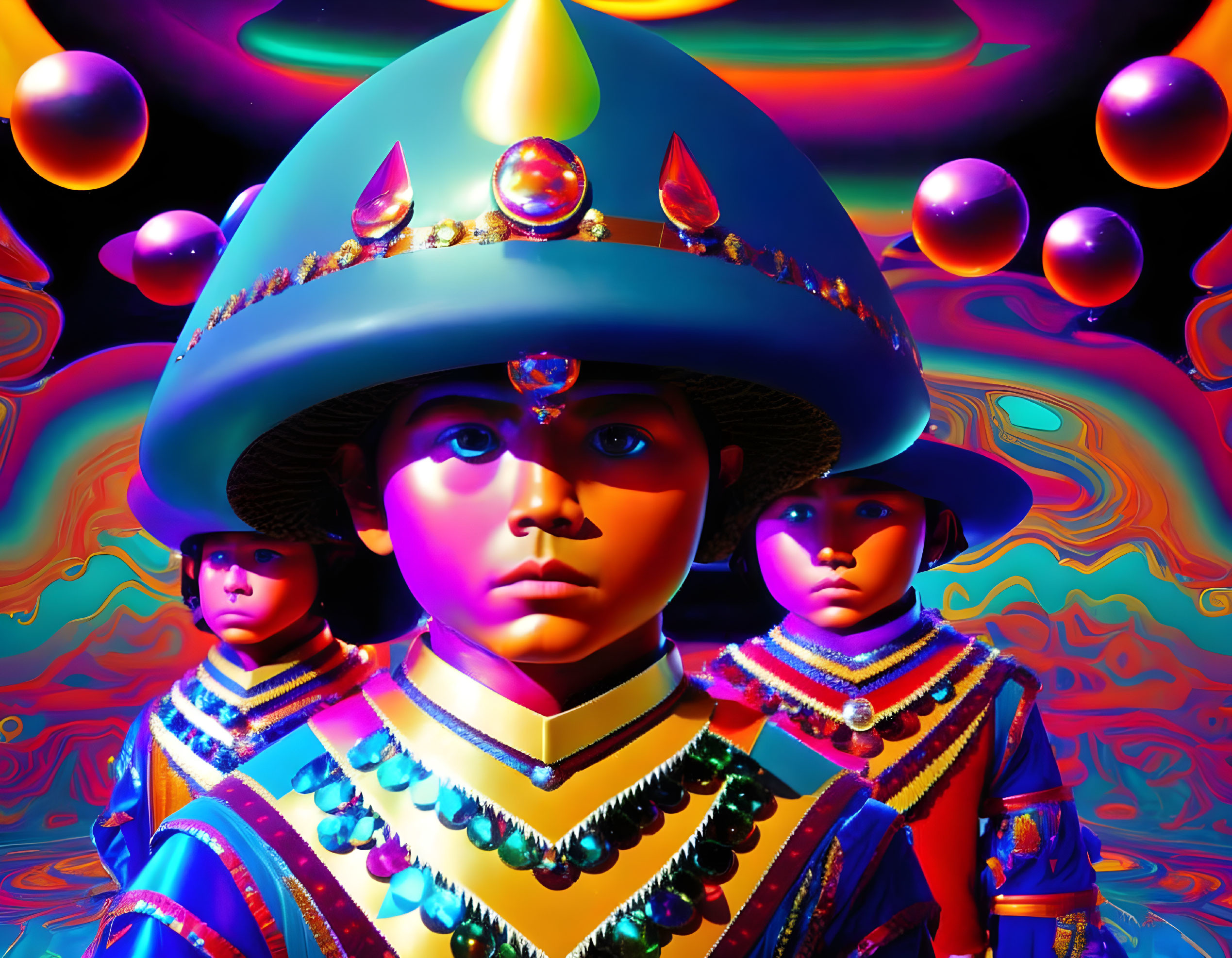 Colorful digital artwork: three figures in unique uniforms and hats on a psychedelic background.