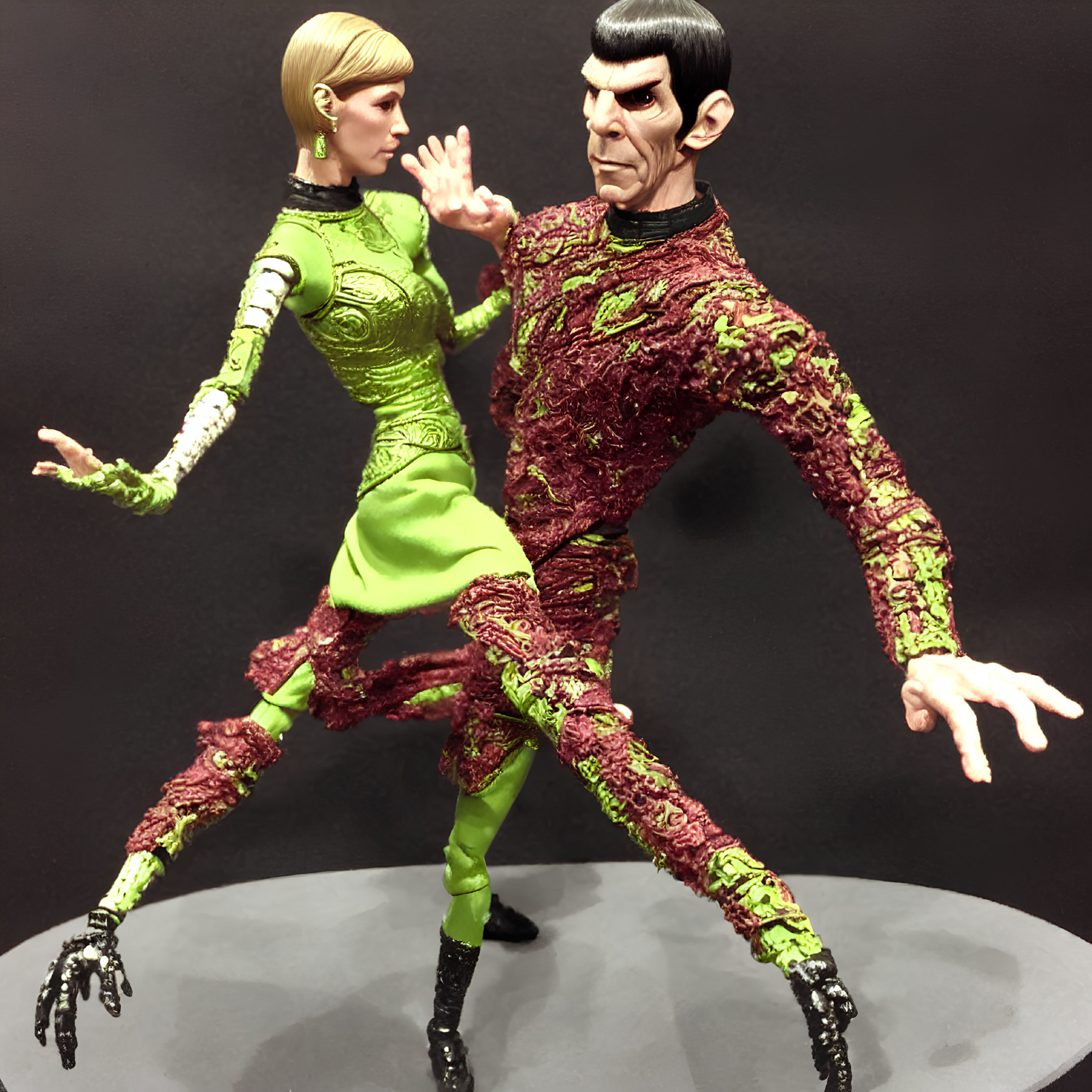 Sci-fi action figures in dynamic combat poses: high hand block & splayed fingers