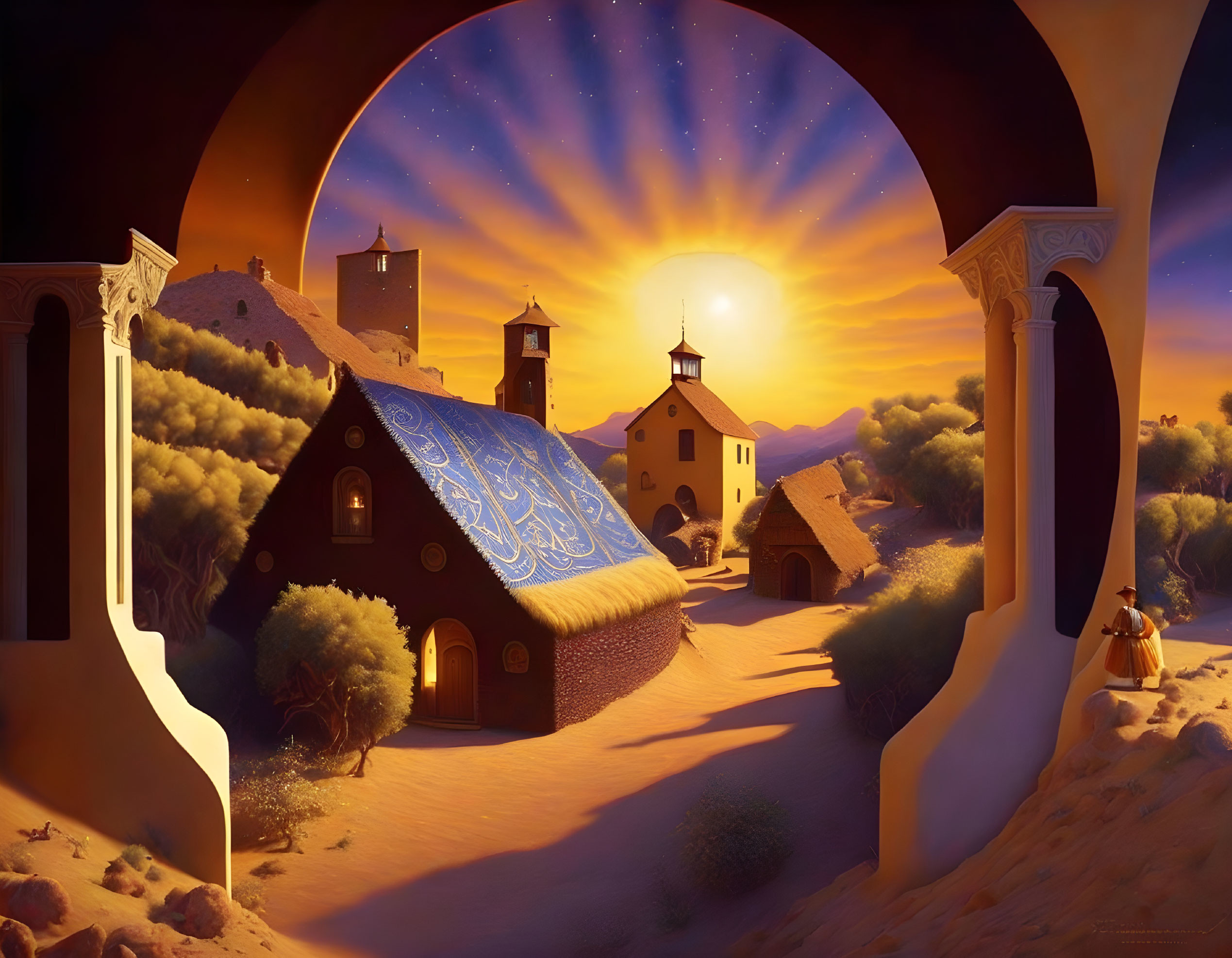 Sunlit village painting with domed structures and figure