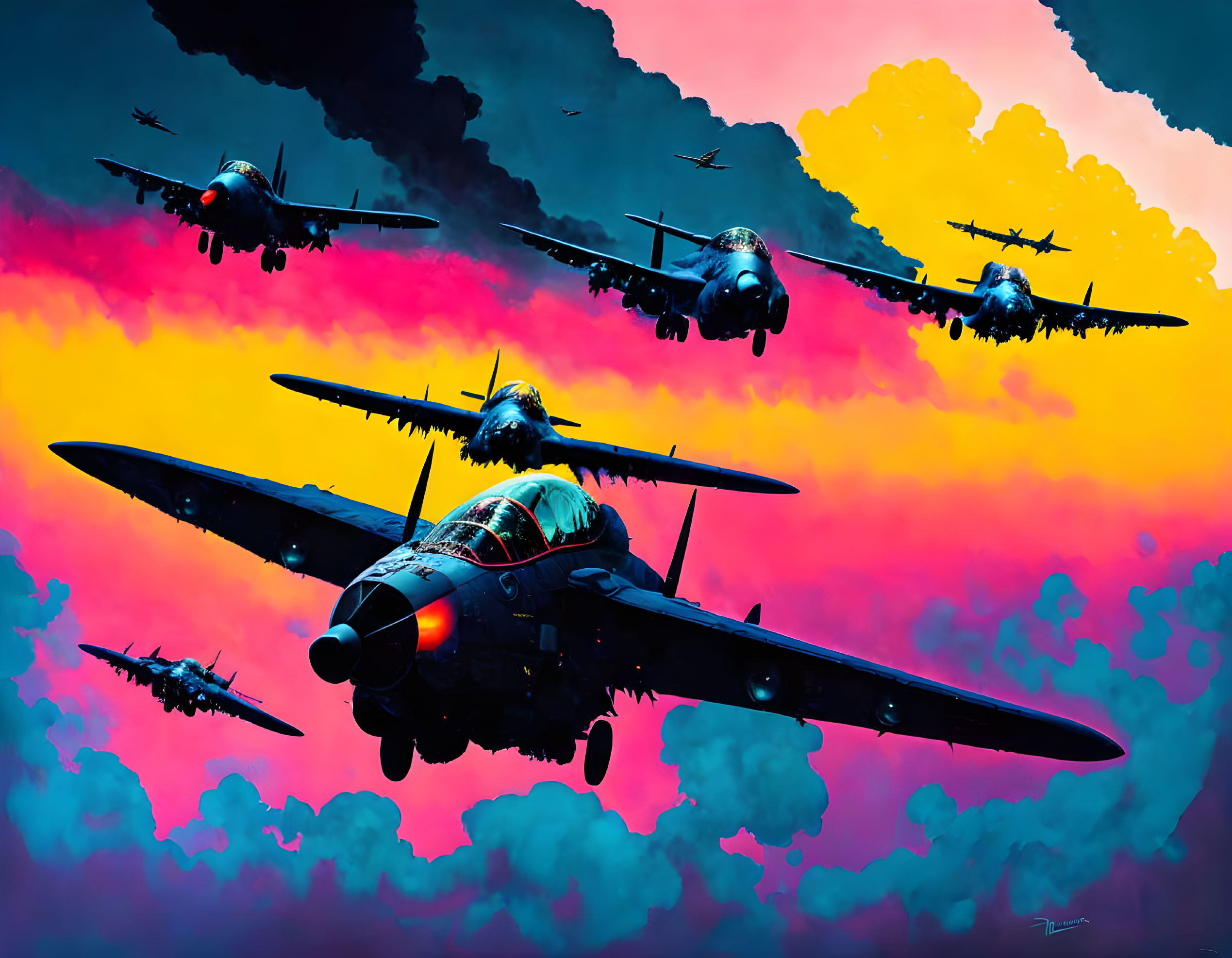 Military aircraft squadron flying in vibrant sky with pink, orange, and blue hues