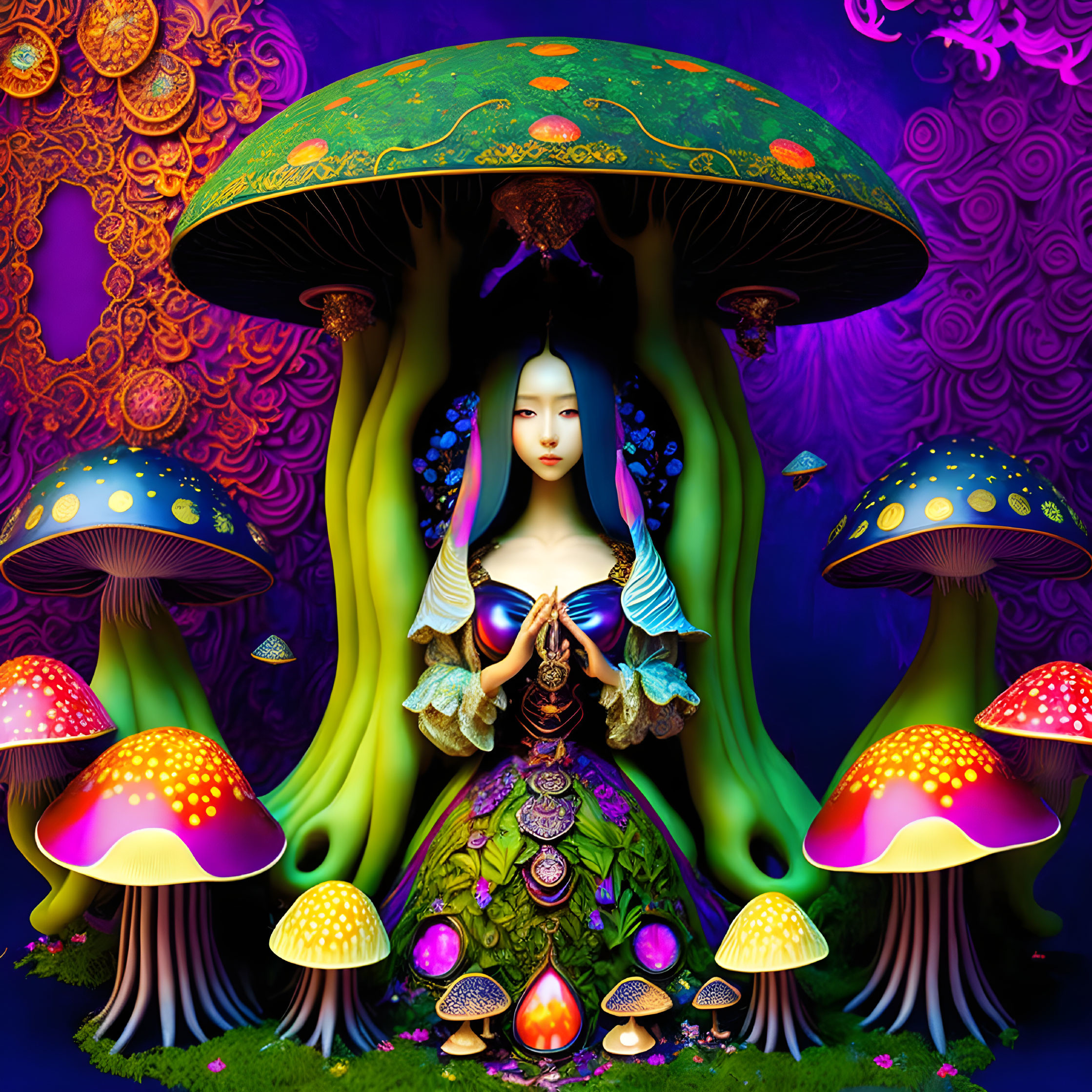 Colorful artwork: Woman with flowing hair among psychedelic mushrooms