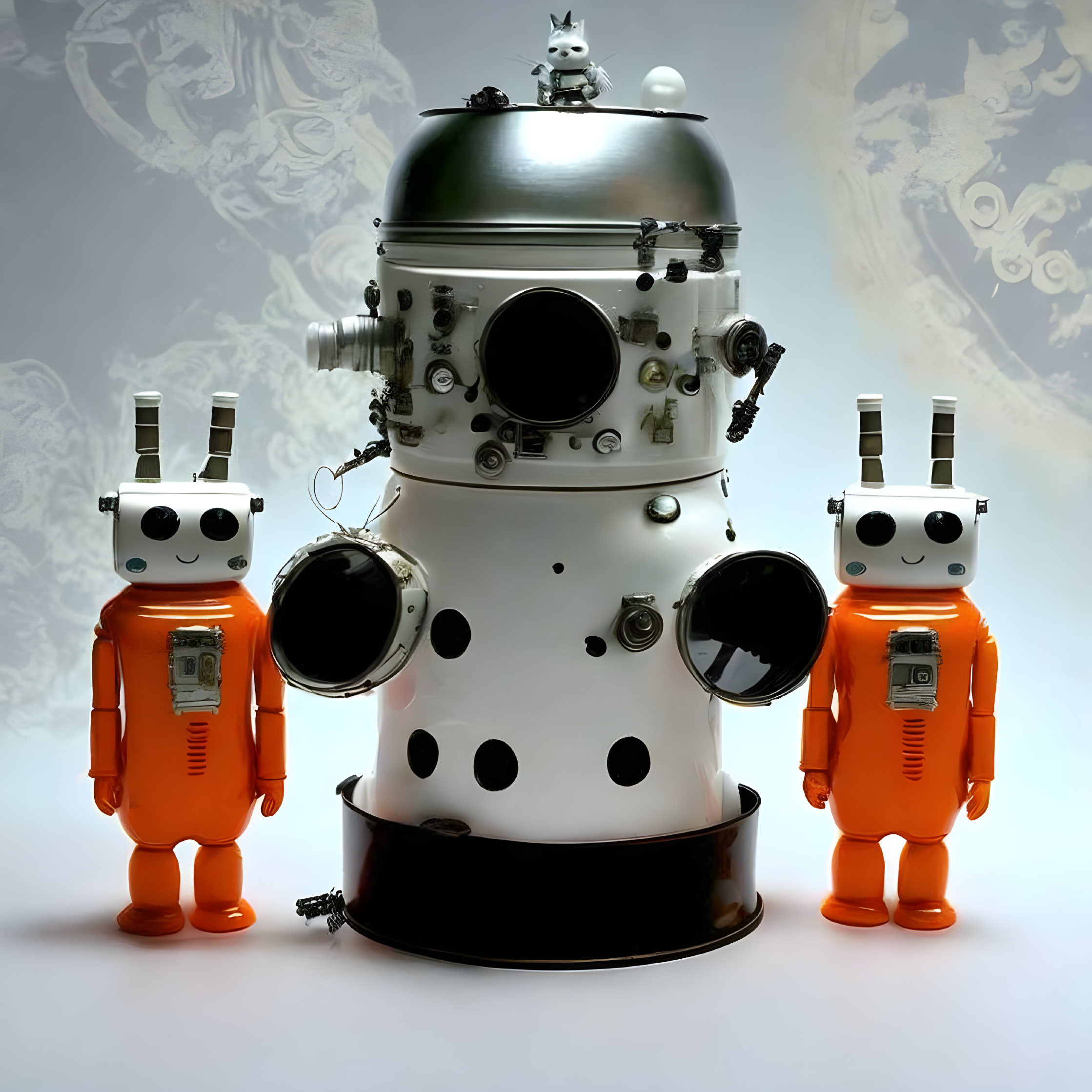 Three whimsical robotic figures with black and white dome body and orange ones with antennas and visors.