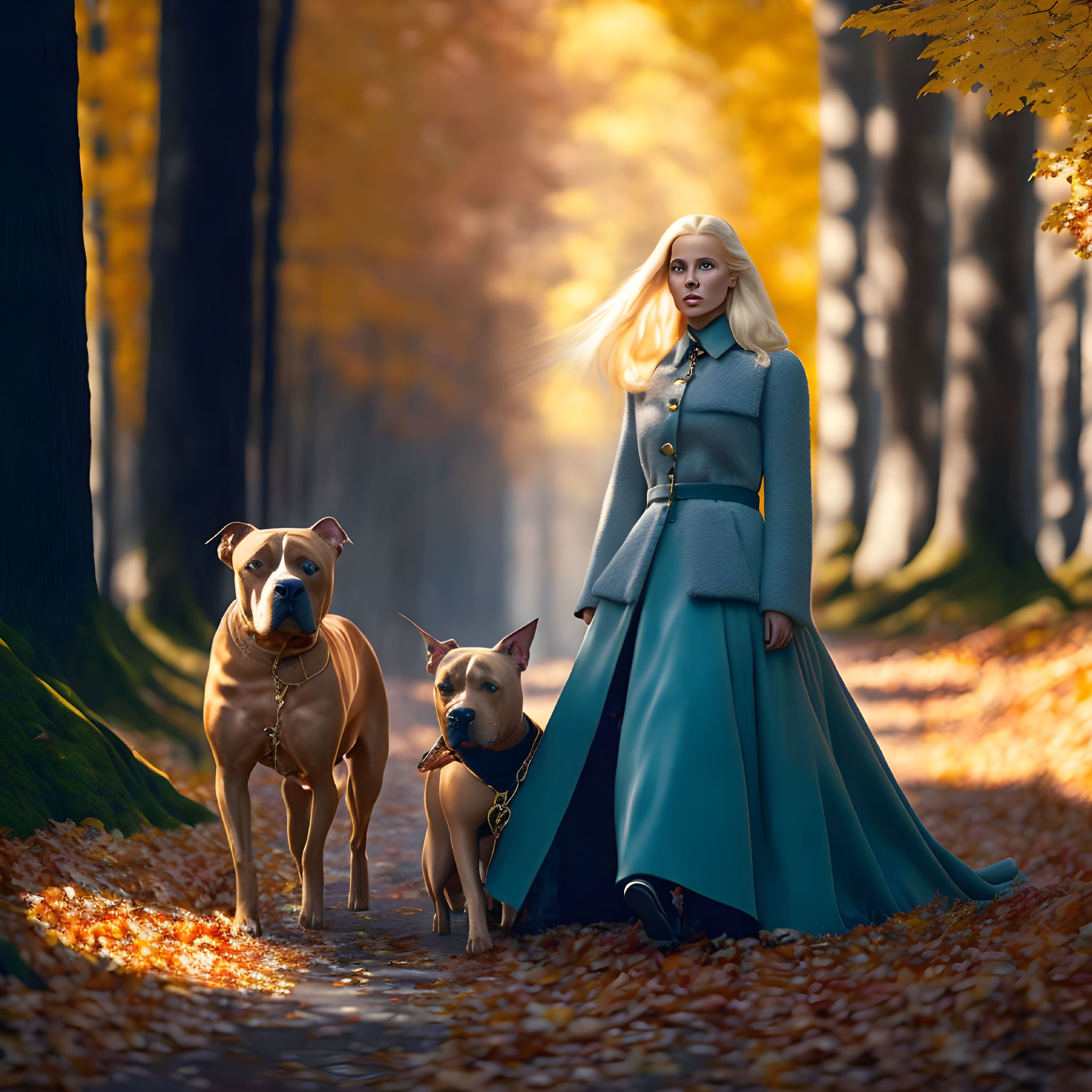 Blonde woman walks two dogs in teal coat on autumn forest path