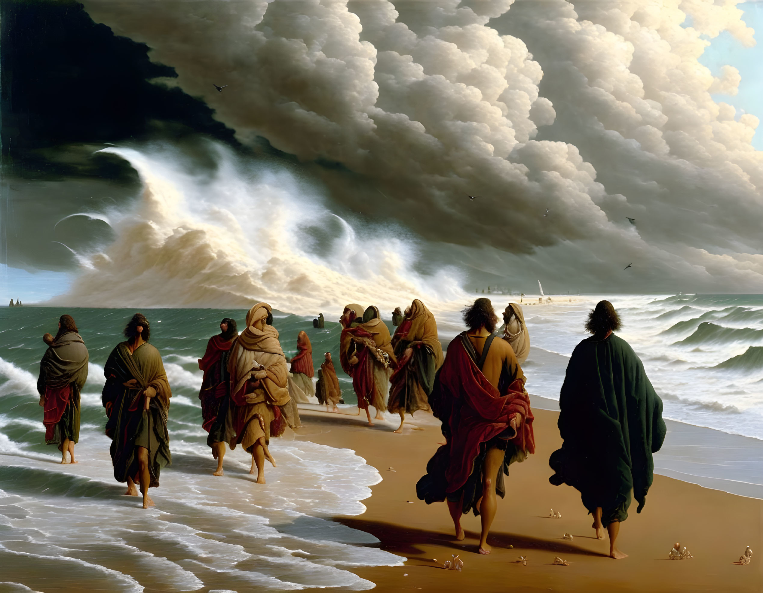 Stormy beach scene with robed figures and ships under dramatic sky