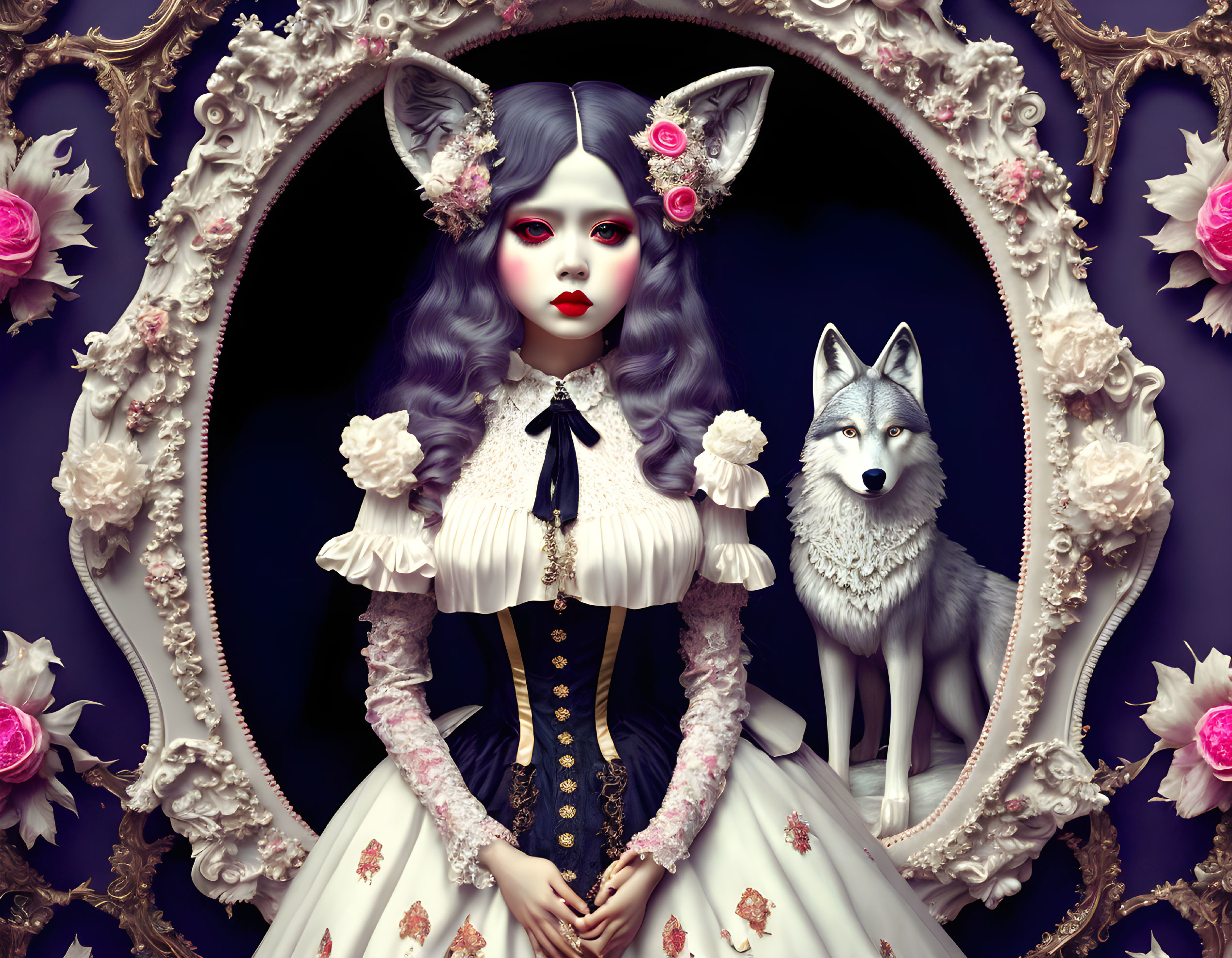 Gothic fairy-tale artwork: girl with wolf ears and Victorian attire beside a grey wolf in