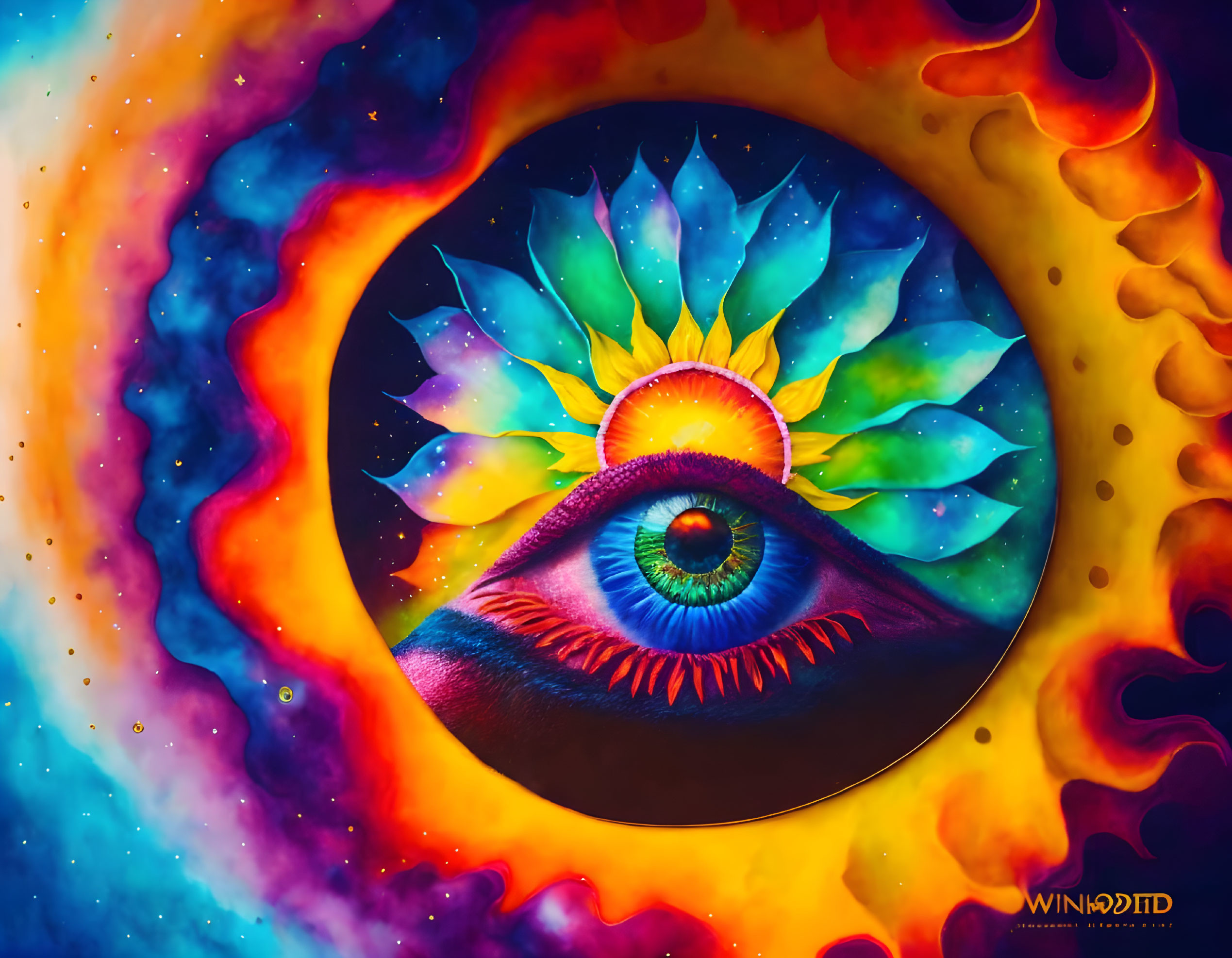 Detailed psychedelic eye artwork with cosmic and spiritual themes